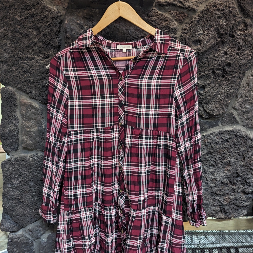 Ultra Flirt Plaid Long Sleeve Dress - Red and Black